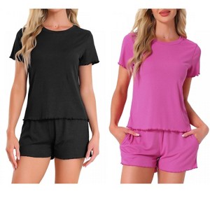 INSPIRE CHIC Women's 4 Pcs Ribbed Knit Soft Short-Sleeve Top & Shorts Ruffled Lounge Pajama Set with Pocket - 1 of 4