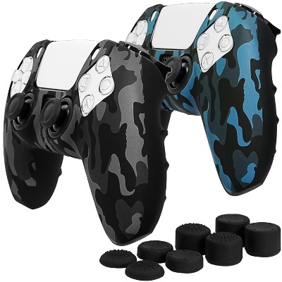 Fosmon for PS5 Controller Skin with 8pcs PS5 Thumb Grips for PS5 Controller Camo Cover Black + Blue Case + Thumbstick Grips, PS5 Accessories