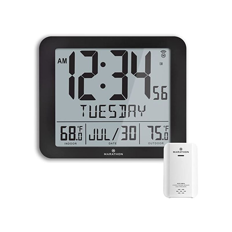 Marathon Slim Atomic 10-Inch Wall Clock  Full Calendar Display With Indoor & Outdoor Temperature, 1 of 7