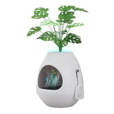 COZIWOW Effloa6 Cat Litter Box, Odor Removal Control Large Cozy Pet Hidden Enclosure with Artificial Plant, LED Lights, Scoop and Litter Tray, White