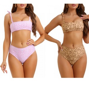 INSPIRE CHIC Women's Tie Shoulder Leopard Print Bandeau High Waist Swimwear Bathing Suits 2 Sets - 1 of 4