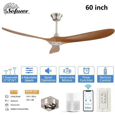 60 inch Smart Low Profile Ceiling Fan No Lights with Remote APP Control 3 Wood Blade Ceiling Fan for Outdoor Indoor Living Room Farmhouse Patio