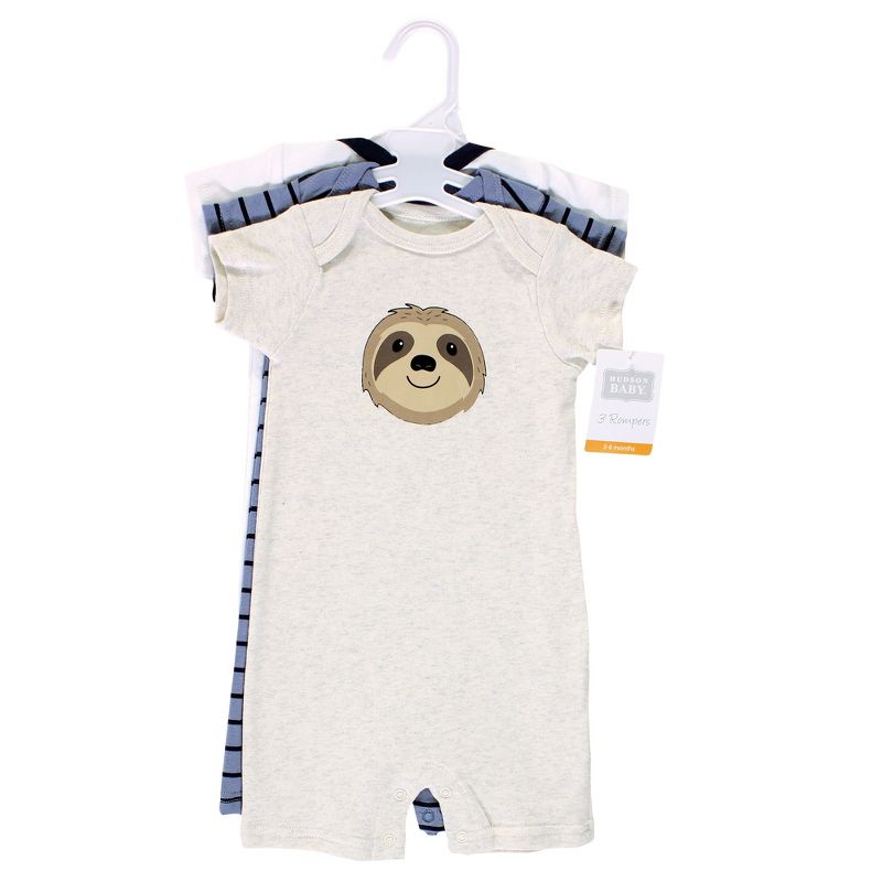 Hudson Baby Infant Boy Cotton Rompers, Sloth, 3 of 7
