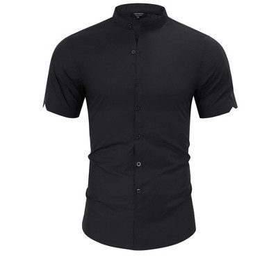 Men's Muscle Dress Shirts Banded Collar Short Sleeve Casual Button Down Shirt