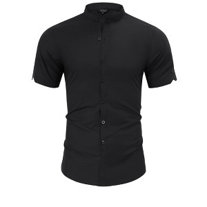 Men's Muscle Dress Shirts Banded Collar Short Sleeve Casual Button Down Shirt - 1 of 4