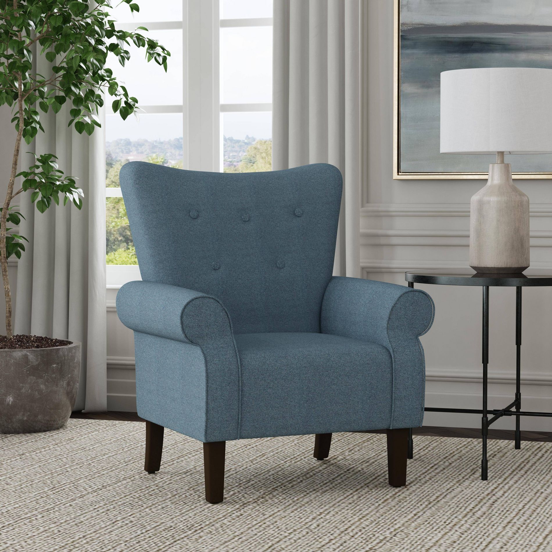 Rolled Arm Accent Chair Blue - HomePop: Tufted Back, Comfy for Reading & Bedroom Decor