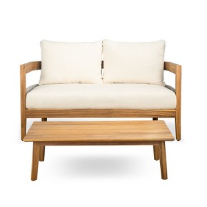 Christopher Knight Home Fawn Modern Outdoor Acacia Wood Loveseat and Table Set, Beige/Teak - 1 of 4
