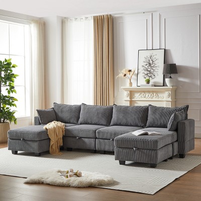 113.5'' Modular Corduroy Sectional Sofa,U Shaped Convertible Couch with Storage Ottoman and Chaise,6-Seater for Living Room-Baofuwish