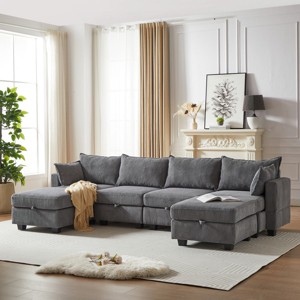 113.5'' Modular Corduroy Sectional Sofa,U Shaped Convertible Couch with Storage Ottoman and Chaise,6-Seater for Living Room-Baofuwish - 1 of 4