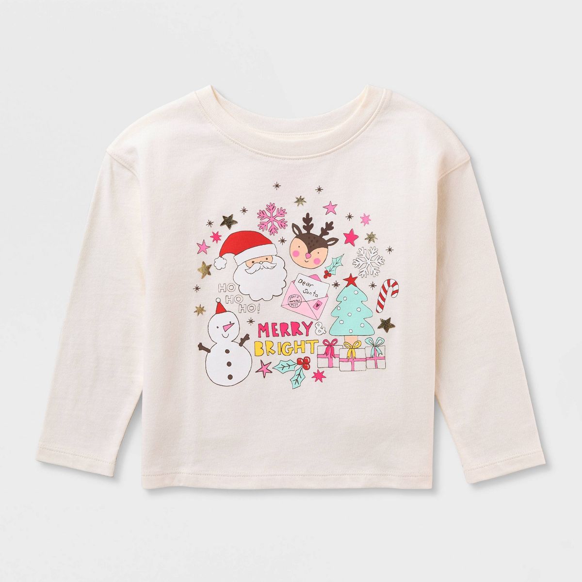 Toddler Girls' Oversized Long Sleeve Holiday Santa T-Shirt - Cat & Jack™ Cream - thumbnail 2