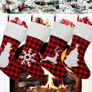 4 Pack Large Stockings 18 Inch Red Black Buffalo Plaid with Plush Faux Cuff Fireplace Holiday Decor Xmas Party Stockings - 1 of 4