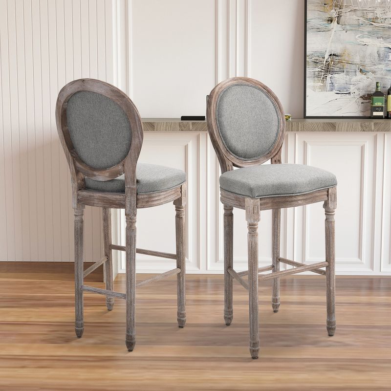 HOMCOM Vintage Bar Stools Set of 2, Wood Barstools Accent Chairs with Soft Linen Cushions & Footrest, 29.5" Seat Height, 2 of 9
