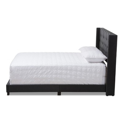 Charcoal Gray Upholstered Queen Bed with Tufted Headboard and Nailhead Trim
