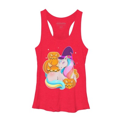 Women's Design By Humans Cute Unicorn With Jack O Lantern Halloween T Shirt By thebeardstudio Racerback Tank Top
