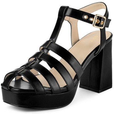 Allegra K Women's Platform Square Toe T-Strap Chunky Heel Sandals