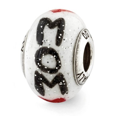 Black Bow Jewelry Sterling Silver & White Italian Murano Glass Mom & Hearts Bead Charm