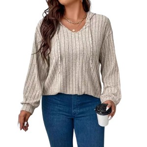 Clearlove Women's Plus Size Long Sleeve Hoodie V Neck Shirt Brushed Lightweight Active Top - 1 of 4