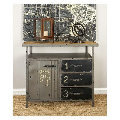 Gray Industrial Metal Cabinet with Wood Top and Drawers