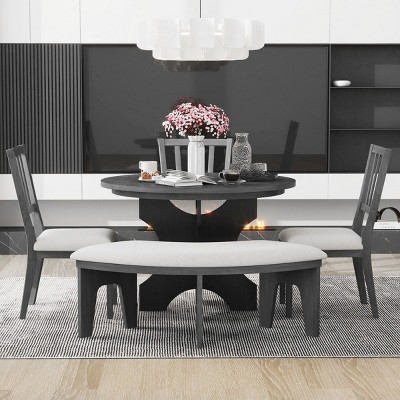 5-Piece Round Dining Table Set for 4, Rubber Wood Farmhouse Dinette with Upholstered Chairs & Bench, Kitchen or Dining Room Furniture - Cuddlewood