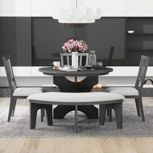 5-Piece Round Dining Table Set for 4, Rubber Wood Farmhouse Dinette with Upholstered Chairs & Bench, Kitchen or Dining Room Furniture - Cuddlewood - 1 of 4