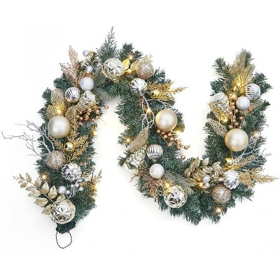 6ft Pre-Lit Christmas Garland with  Berries,  Warm  Lights, Battery Operated with Timer, Waterproof for Indoor & Outdoor Decor,Gold