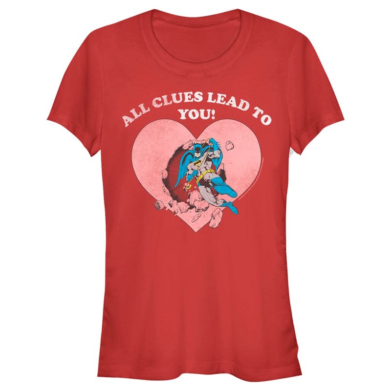 Juniors Womens Batman Valentine's Day All the Clues Lead to You T-Shirt, 1 of 5