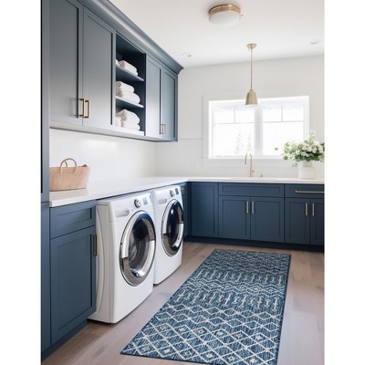 Blue Synthetic Trellis Flat Woven Outdoor Runner Rug