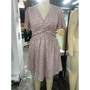 1 100%Polyester Plus Size Dress  Women'S Emperor Waist V-Neck Short Sleeve Dress - 1 of 1