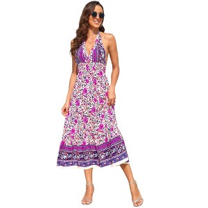 Women's Summer Maxi Dress Casual Floral V Neck Boho High Low Flowy Long Sun Dresses - 1 of 4