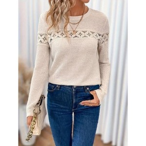 Womens Fall Long Sleeve Shirt Lace Patchwork T-shirt Crew Neck Causal Solid Color Top Blouse - 1 of 3