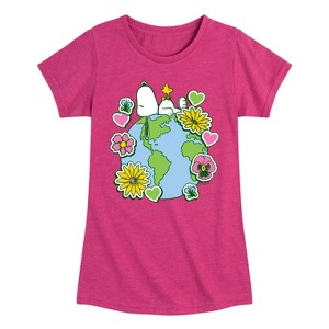 Girls' - Peanuts - Snoopy Woodstock Earth Stickers Fitted Short Sleeve Graphic T-Shirt - 1 of 4