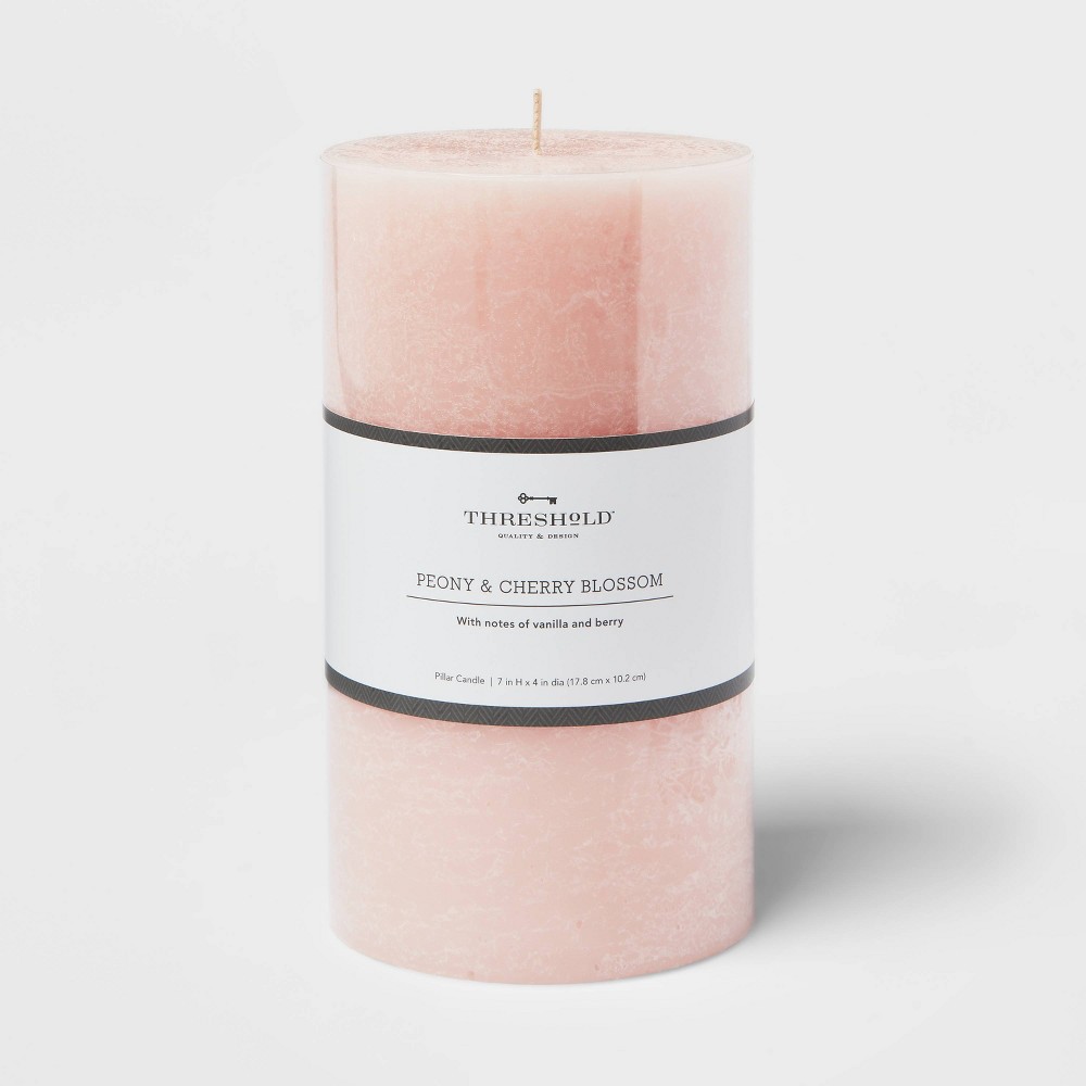 7"x4" Peony & Cherry Blossom Cozy Pillar Candle Pink - Threshold™: Modern Traditional Decor, 100hr Burn Time