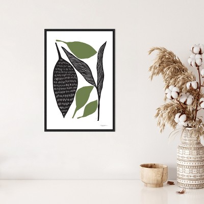 Modern Black and Green Leaf Canvas Print with Black Frame 16 x 23 Inches