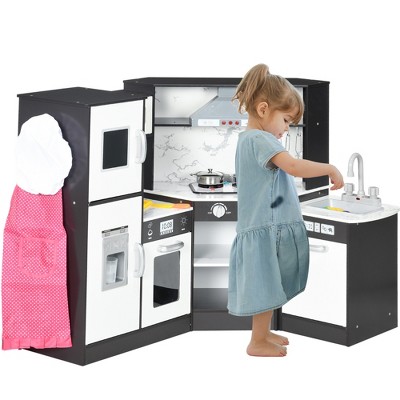 Qaba Play Kitchen Set for Kids with Lights Sounds, Apron and Chef Hat, Ice Maker, Utensils, Range Hood, Microwave, for Aged 3-6 Years Old