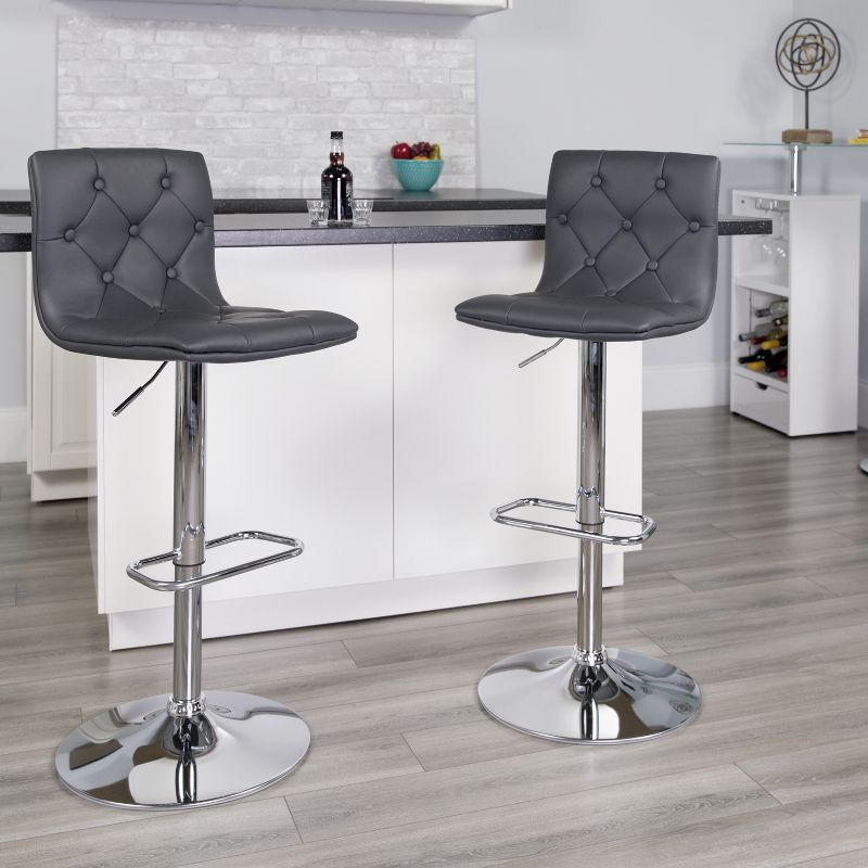 Emma and Oliver 2 Pack Contemporary Button Tufted Vinyl Adjustable Height Barstool with Chrome Base, 2 of 12