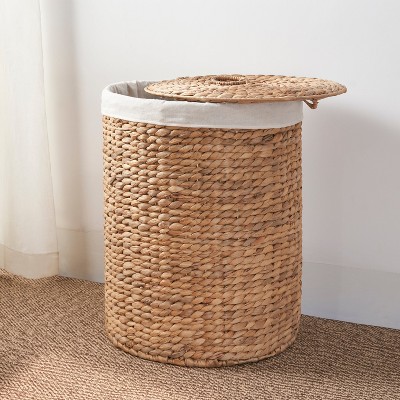 Ludmilla Round Tall Water Hyacinth Woven Wicker Laundry Hamper with Lid