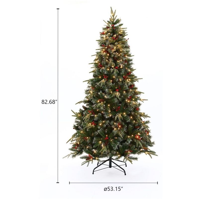 LuxenHome 6.9' Pre-Lit LED Artificial Full Pine Christmas Tree with Pine Cones and Red Holly Berries Green, 5 of 6