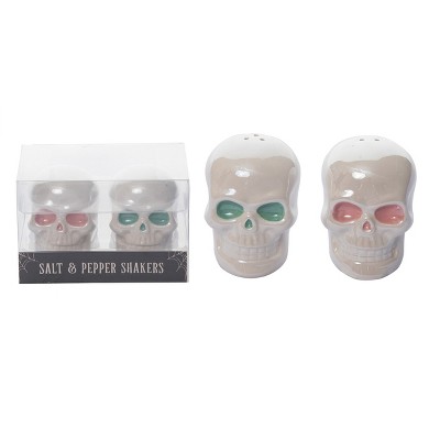 Transpac Dolomite 3 in. Off-White Halloween Iridescent Skull Salt and Pepper Shaker Set of 2