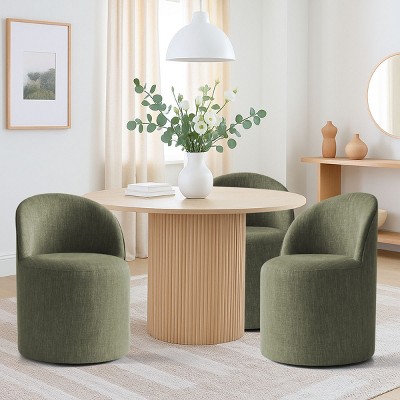 Modern Upholstered Dining Chair with Castors Round Barrel Dining Room Chair Linen Dining Chairs Set of 3 for Kitchen Dining Room-Tanpinhause