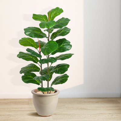 Artificial Fiddle Leaf Fig Tree (Faux Ficus Lyrata) - Woven Basket Pot Included. Realistic Fake Plant for Home/Office/Indoor/Outdoor Decor