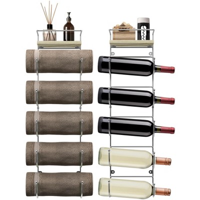 Silver Wall Mounted 5-Tier Metal Towel Rack with Wooden Shelf