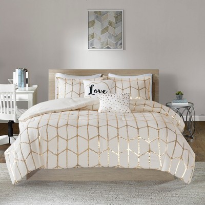 Grungis Silver Metallic Geometric Print 4-Piece Sheet Set,Machine Washable,Easy Care, Bedding Set