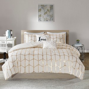 Grungis Silver Metallic Geometric Print 4-Piece Sheet Set,Machine Washable,Easy Care, Bedding Set - 1 of 4