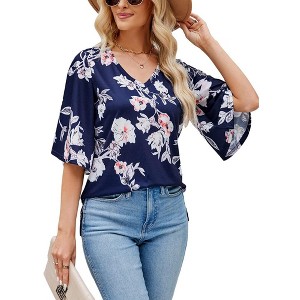 Women's 3/4 Bell Sleeve Shirt Loose Fit V Neck Blouse Cute Tops - 1 of 4