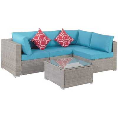 5pc Rattan Wicker Patio Sectional Cushioned Sofa Set with Pillows & Coffee Table - EPOWP