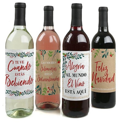 Big Dot of Happiness Feliz Navidad - Holiday and Spanish Christmas Party Decorations for Women and Men - Wine Bottle Label Stickers - Set of 4