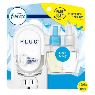 Febreze Fade Defy Plug Air Freshener & Odor Eliminator Starter Kit with Linen & Sky Oil Refill - 0.87 fl oz