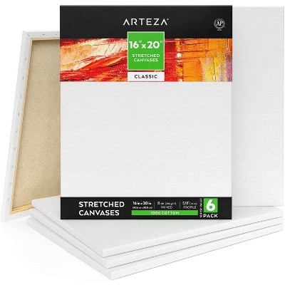 Arteza Stretched Canvas, Classic, White, 16"x20", Large Blank Canvas Boards for Painting - 6 Pack (ARTZ-8029)