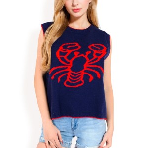 Anna-Kaci Women's Lobster Embroidered Knit Sleeveless Sweater Vest with Ribbed Trim - 1 of 4