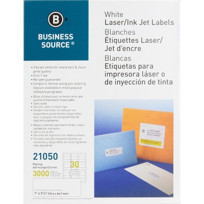 Business Source Mailing Label Laser 1"x2-5/8" 3000/PK White 21050